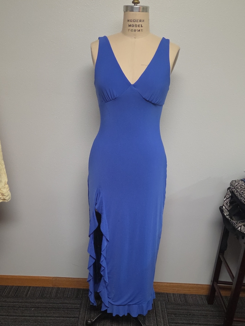 V-Neck Ruffle Side-Slit Maxi Dress in Cobalt Blue